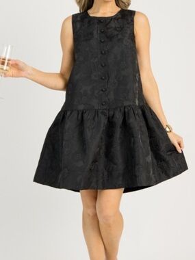 Entro Black Jacquard Sleeveless Party Dress Ruffle Hem Pockets NWT Size Small